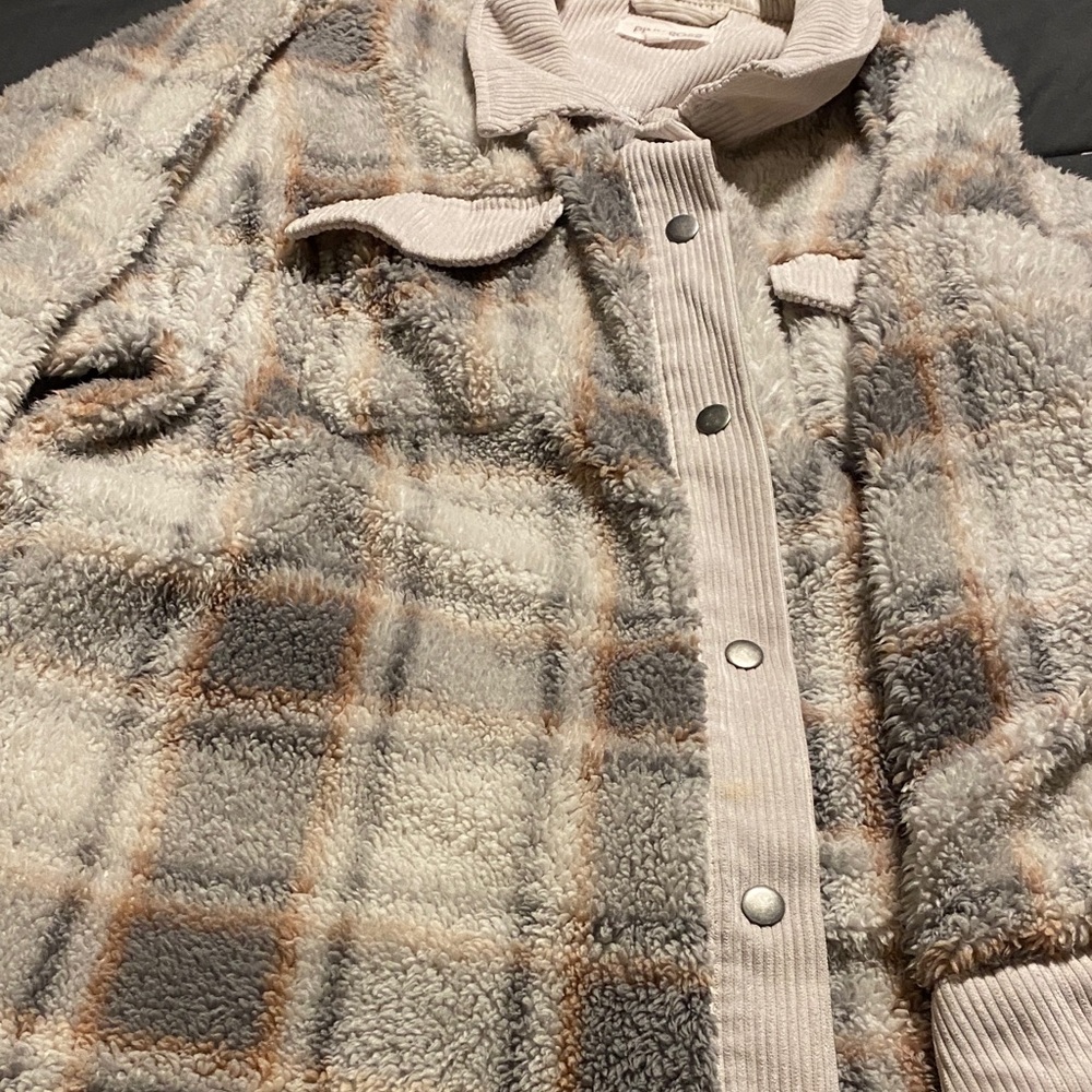 Pink Rose Plaid Sherpa Jacket - Cream and Brown